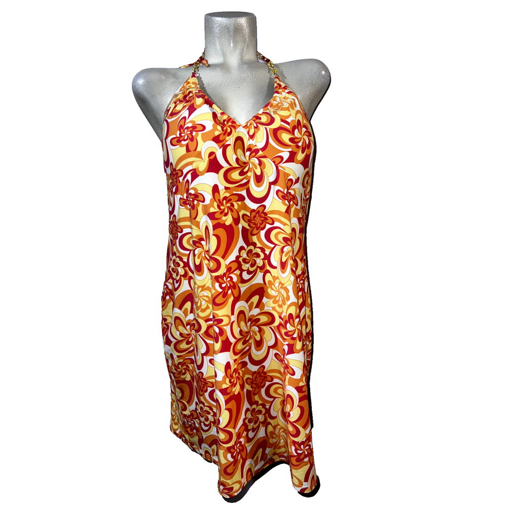 New NO BOUNDARIES Junior XXXL (21) Pink Orange Yellow Beaded Halter Mini Dress